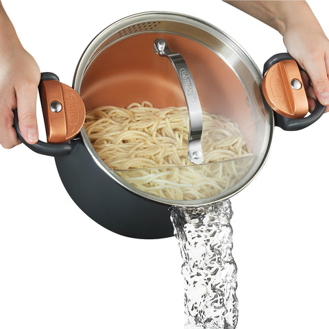 GOTHAM STEEL front view of 5 quart stock pot showing lid and handles for easier serving