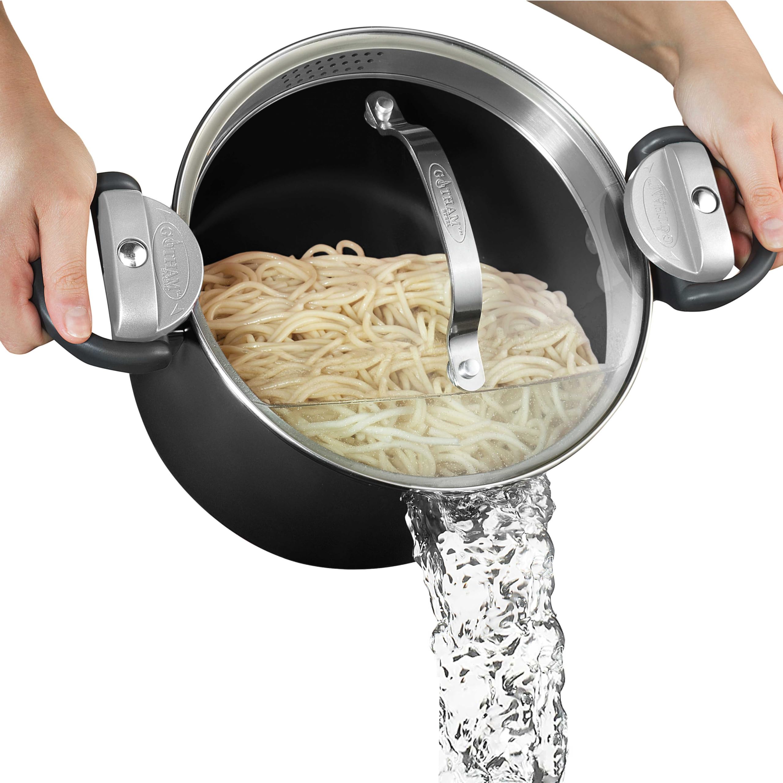 GOTHAM STEEL front view with lid showing secure strainer and easy pouring benefit