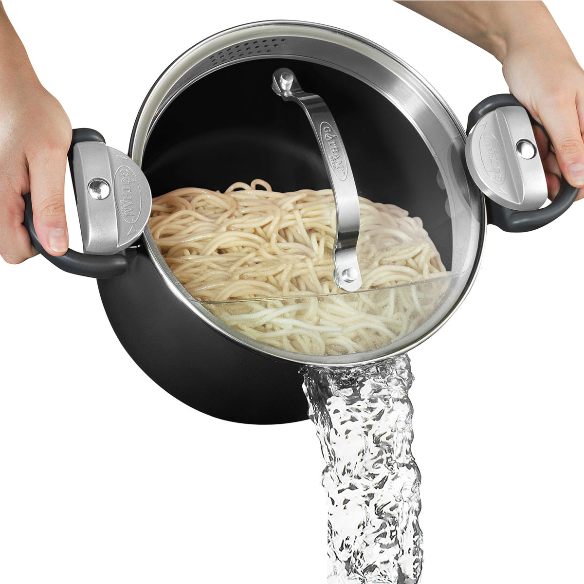 GOTHAM STEEL front view with lid showing secure strainer and easy pouring benefit