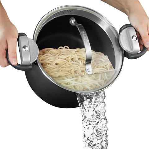 GOTHAM STEEL front view with lid showing secure strainer and easy pouring benefit