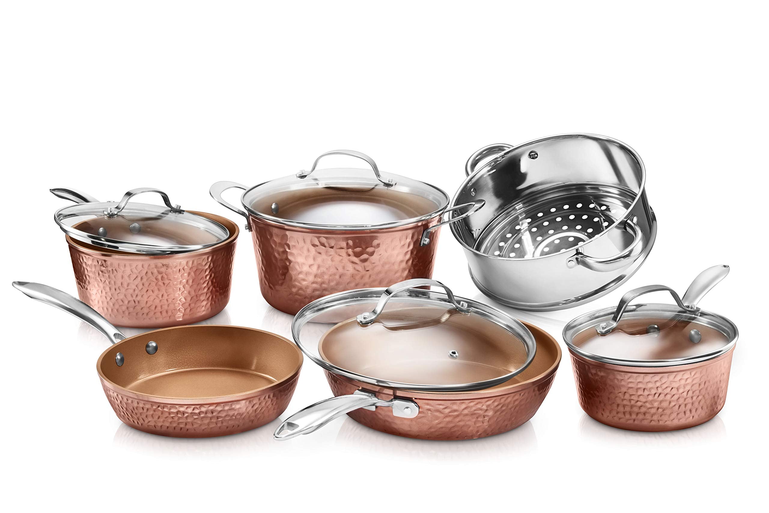 GOTHAM STEEL hammered 10-piece set front view showing lids and cookware, stylish and practical