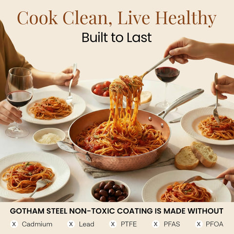 GOTHAM STEEL handle and helper grip detail ensures secure lifting and control