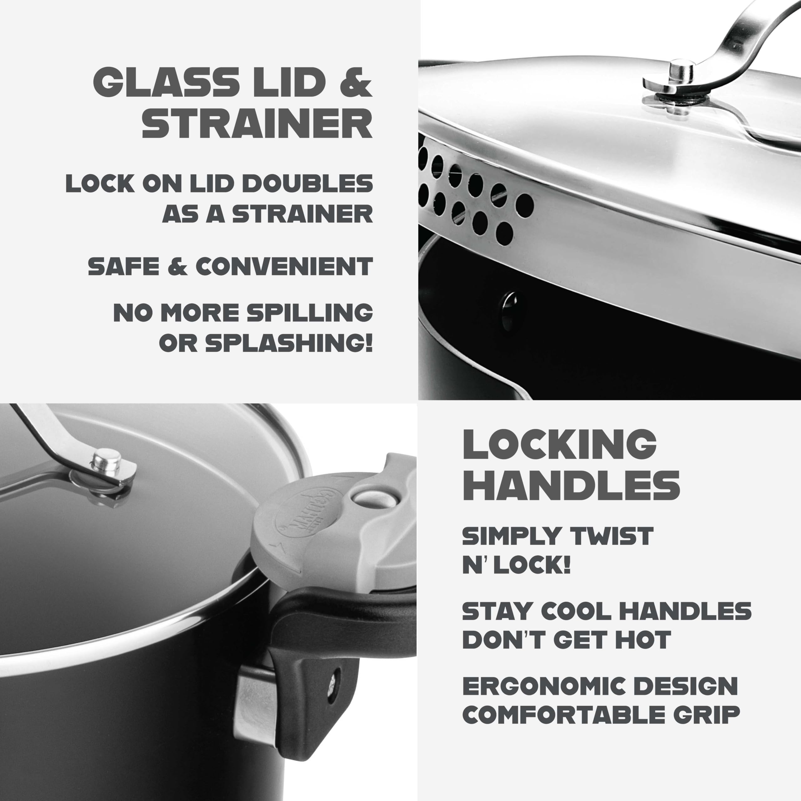 GOTHAM STEEL tempered glass lid strainer detail for quick, mess-free draining