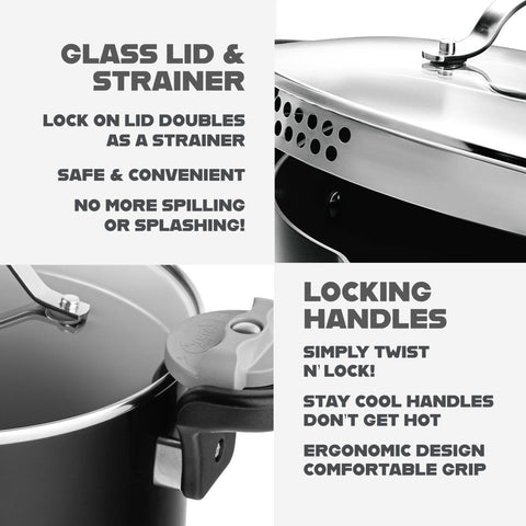 GOTHAM STEEL tempered glass lid strainer detail for quick, mess-free draining