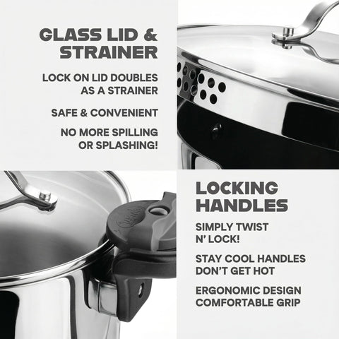 GOTHAM STEEL lid draining water while keeping pasta inside, convenient one-piece straining