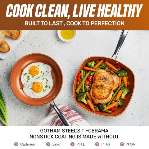 GOTHAM STEEL tempered glass lid detail allowing watchful cooking and moisture retention