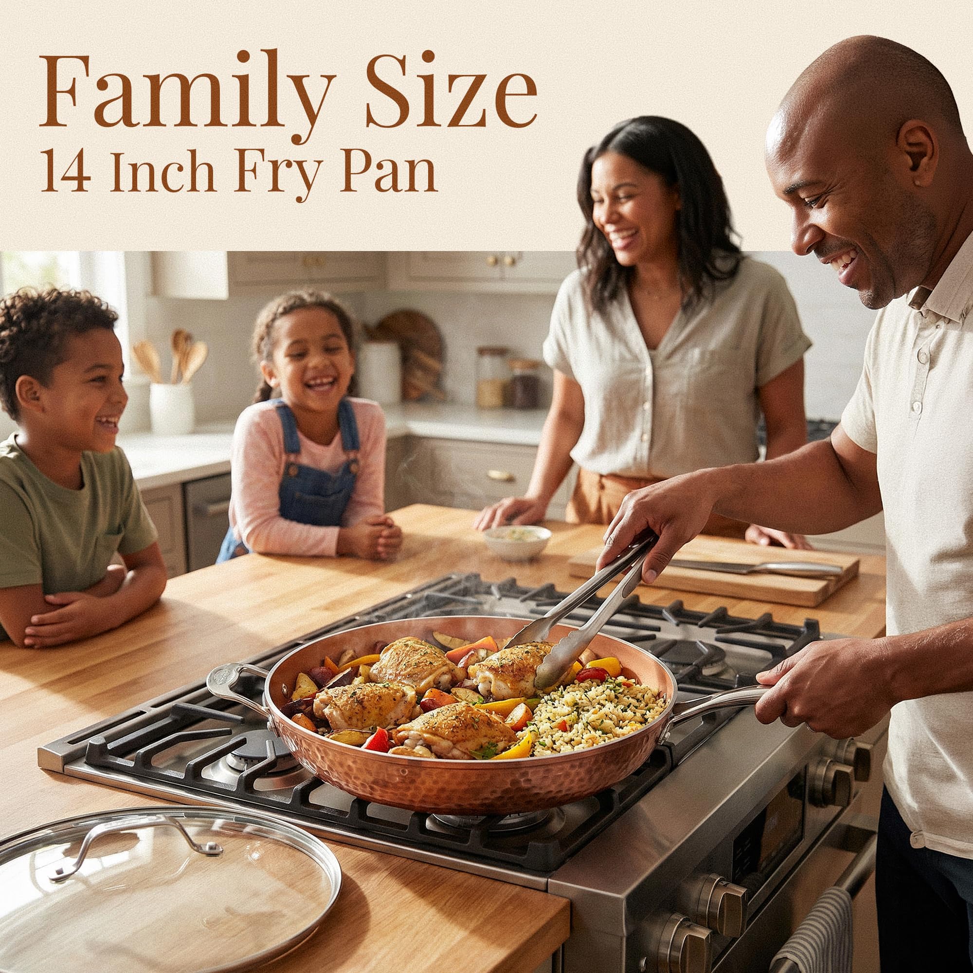 GOTHAM STEEL skillet cooking breakfast illustrates even heating and quick flip