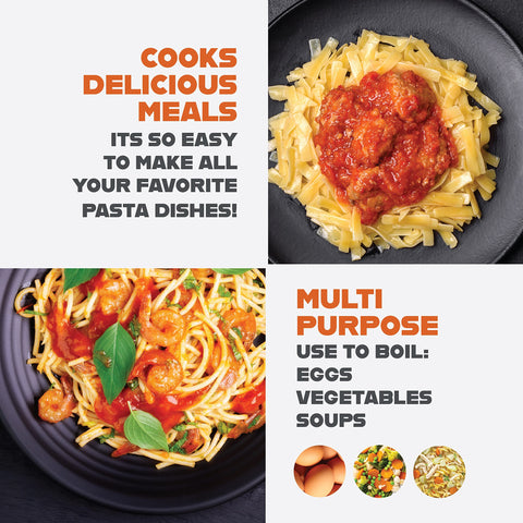 GOTHAM STEEL pot on stovetop with boiling pasta showing visible cooking through glass lid