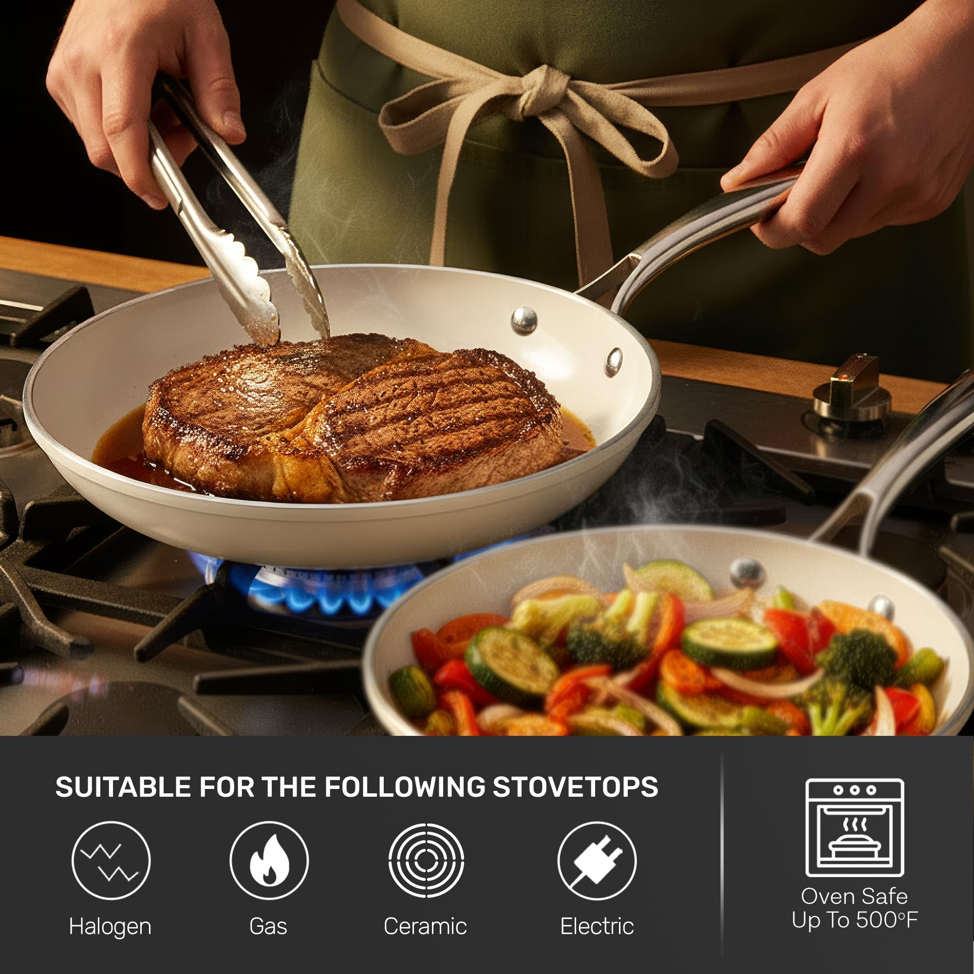 GOTHAM STEEL shallow square pan with food demonstrating broader surface cooking benefit