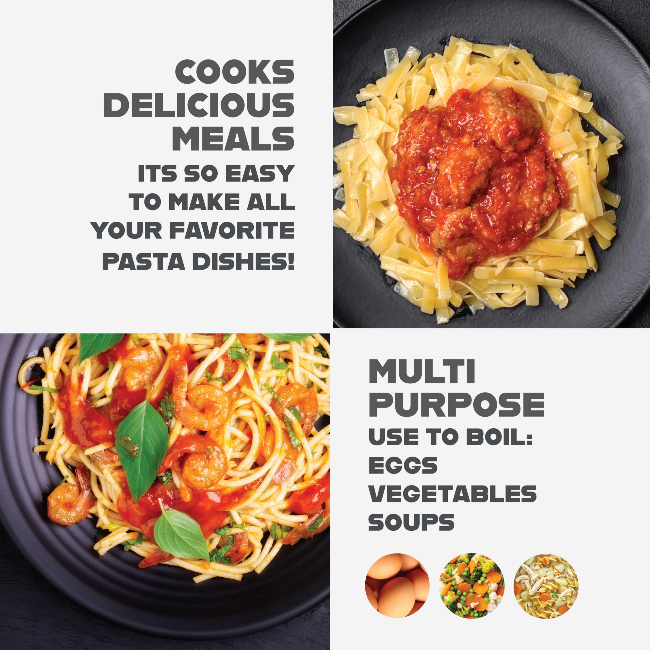GOTHAM STEEL pot beside uncooked spaghetti showing 5 qt capacity and portioning