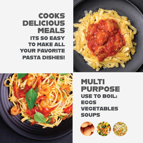 GOTHAM STEEL pot beside uncooked spaghetti showing 5 qt capacity and portioning