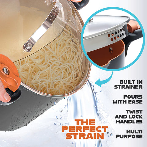 GOTHAM STEEL close-up of strainer lid demonstrating secure draining without a colander