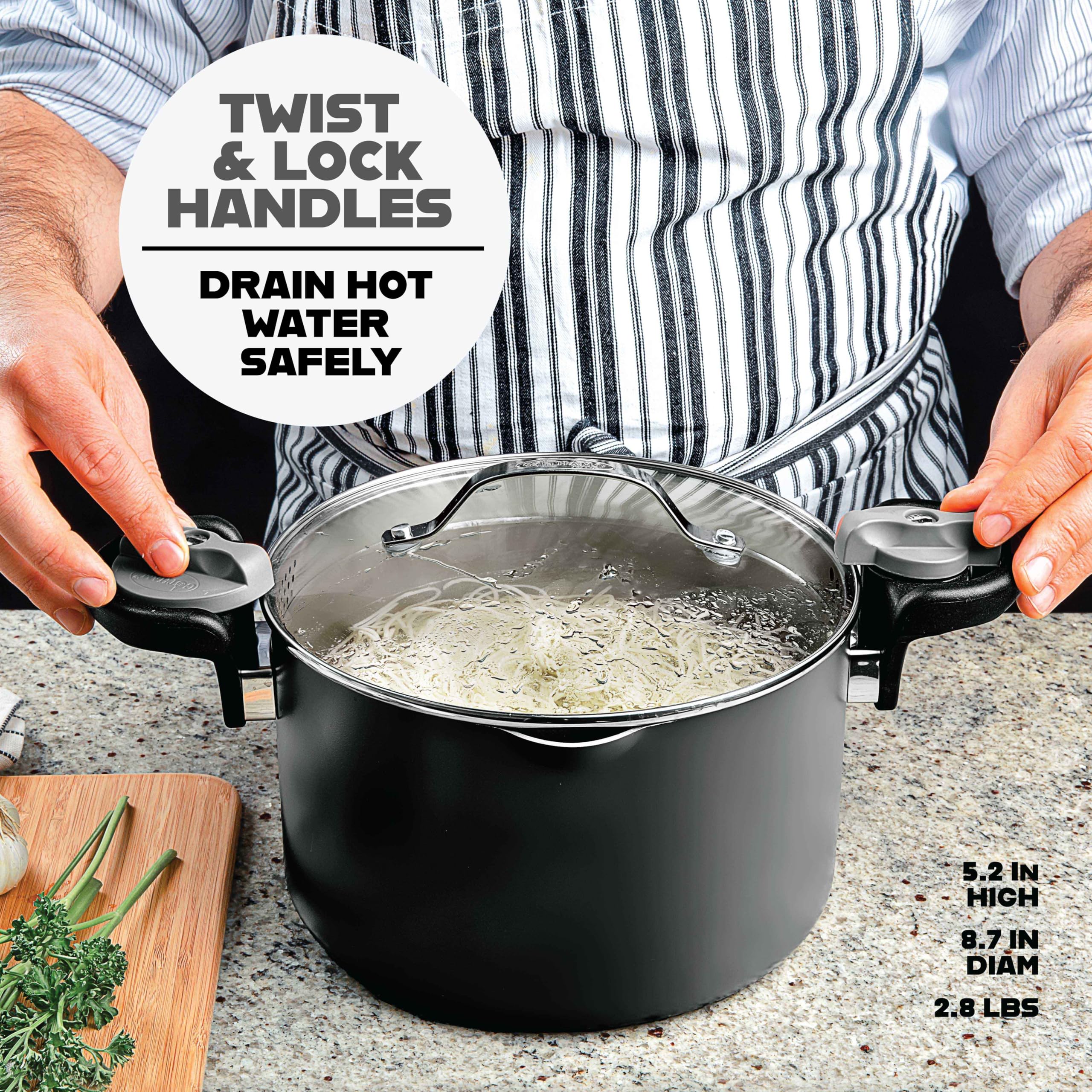 GOTHAM STEEL twist-and-lock handle engaged to lock lid and prevent spills