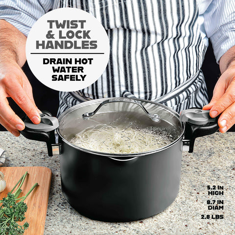 GOTHAM STEEL twist-and-lock handle engaged to lock lid and prevent spills