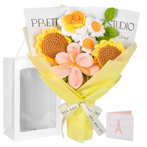 Gouraml front view of packaged crochet flower bouquet, perfect ready-to-gift keepsake