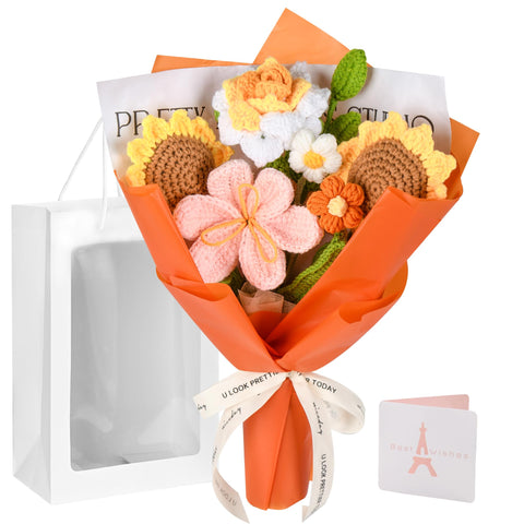 Gouraml front packaging showing entire crochet bouquet and gift ribbon for instant presentation