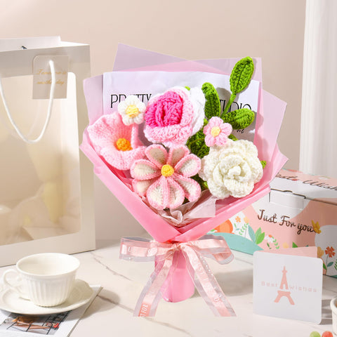Gouraml bouquet on a nightstand adding cozy handcrafted decor to room