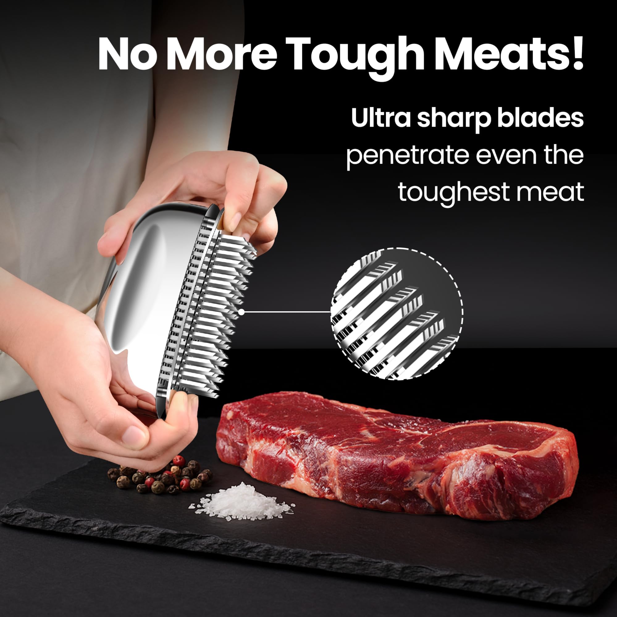 Gourmet Easy ergonomic handle close angle demonstrating comfortable grip for even pressure and easier tenderizing