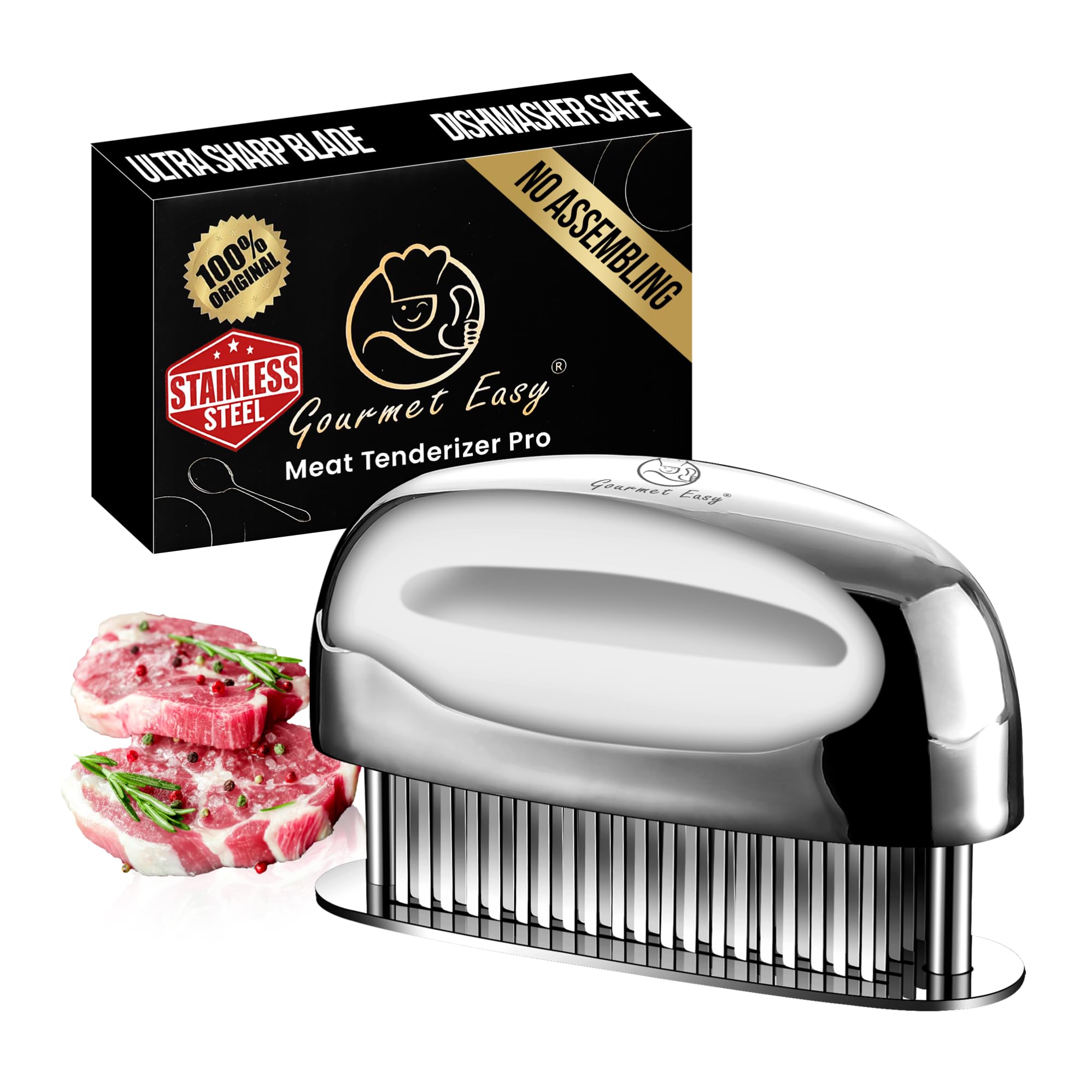 Gourmet Easy front view of stainless steel tenderizer showing solid one-piece design and benefit of ready-to-use convenience