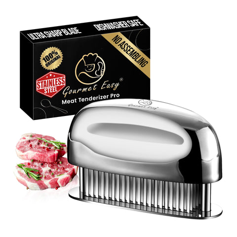 Gourmet Easy front view of stainless steel tenderizer showing solid one-piece design and benefit of ready-to-use convenience