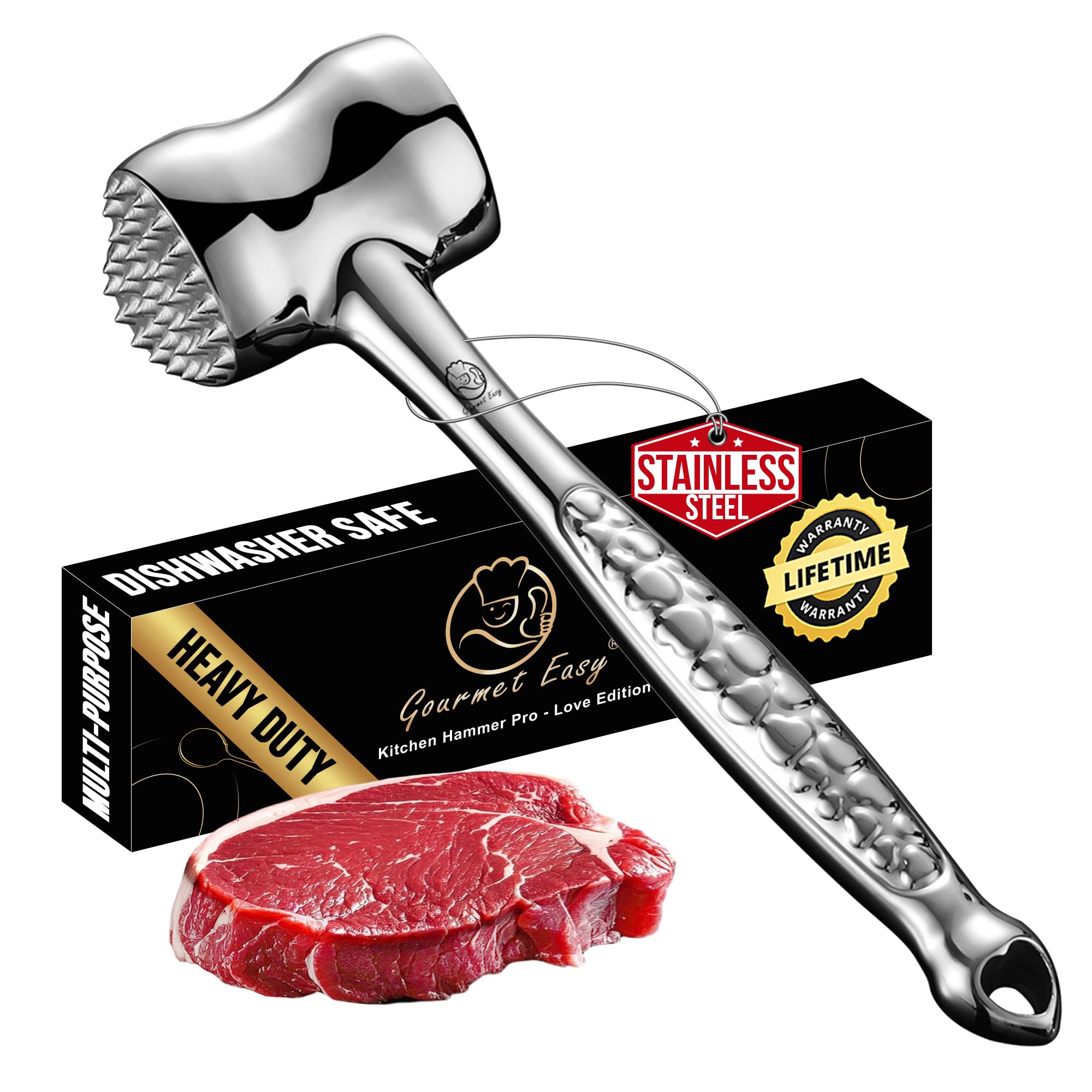 Gourmet Easy front view of stainless steel tenderizer showing durable head and handle benefits
