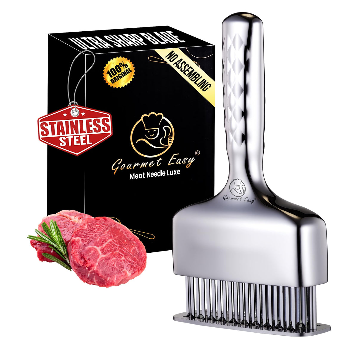 Gourmet Easy front view of tenderizer showing full stainless steel face for quick prep