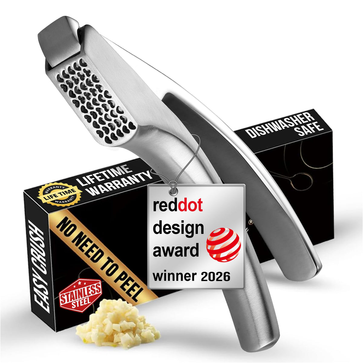 Gourmet Easy front packaging showing the stainless steel press and benefits
