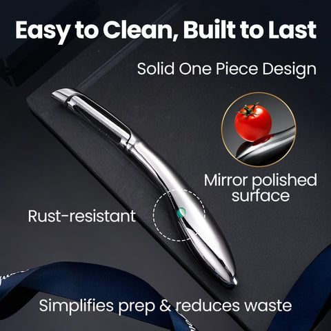 Gourmet Easy peeler in use peeling a potato quickly and reducing waste