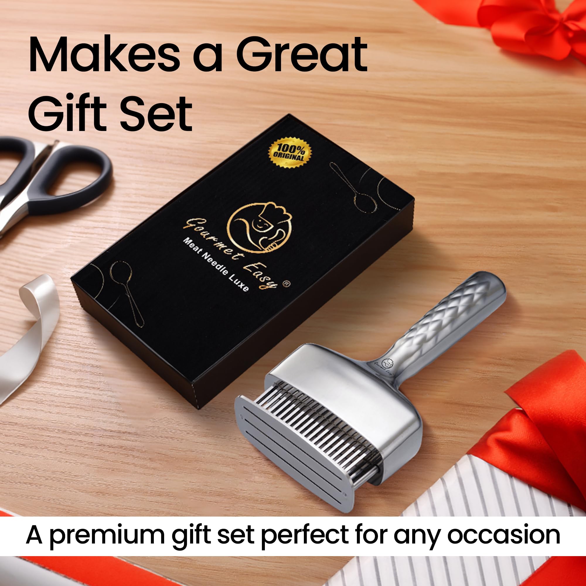 Gourmet Easy product label highlighting 304 stainless steel and 5-year warranty