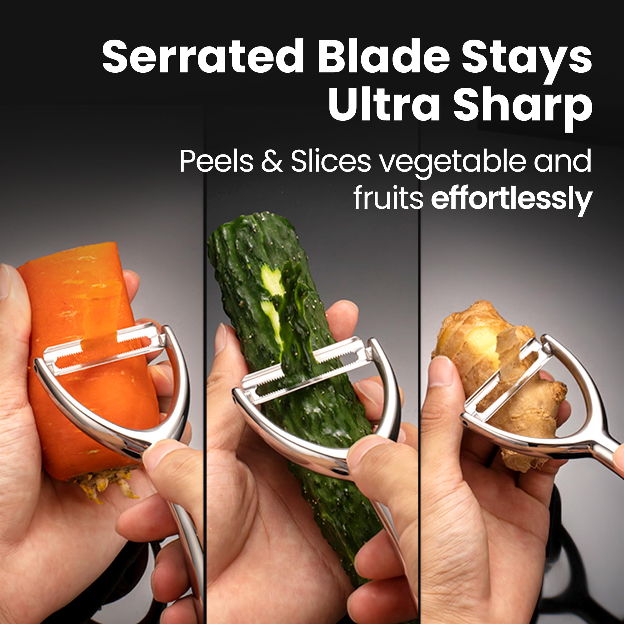Gourmet Easy close-up of serrated stainless steel blade highlighting sharp edge