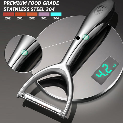 Gourmet Easy peeler next to utensils showing size and kitchen scale convenience
