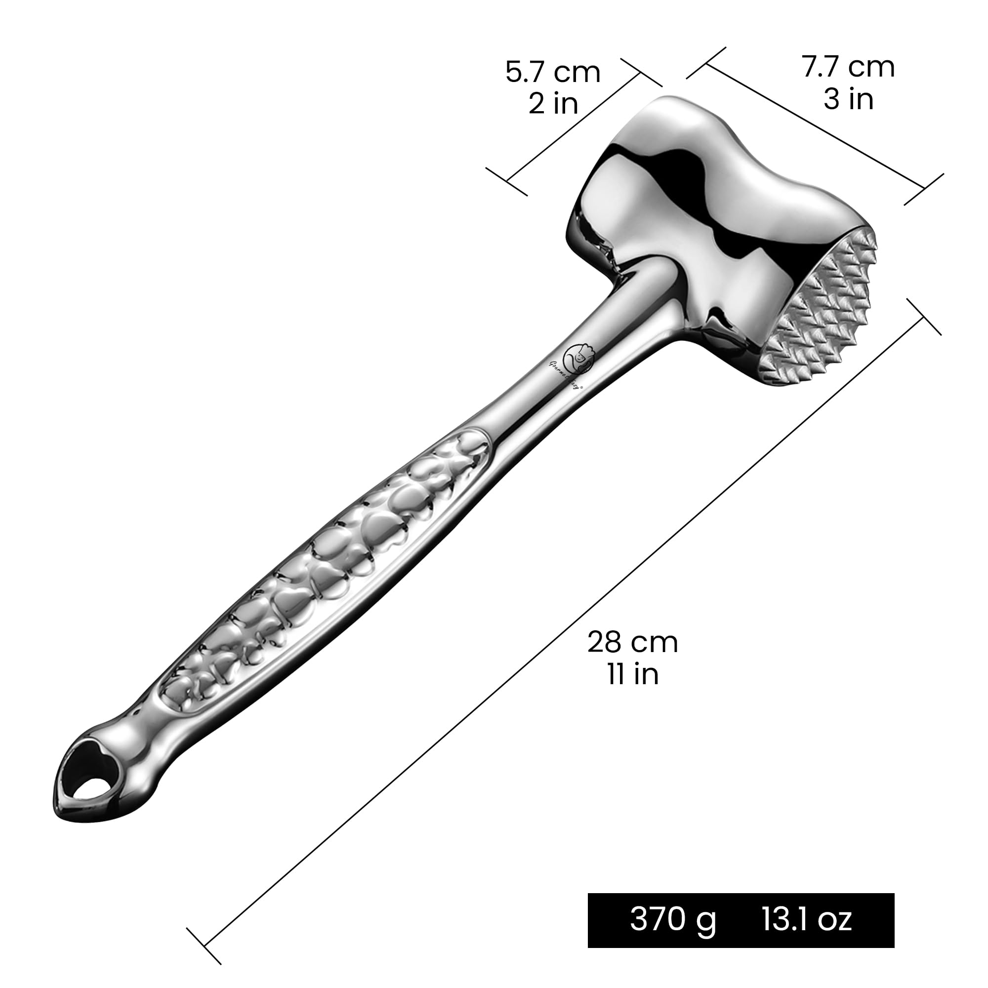 Gourmet Easy held in hand to show scale and balance for precise pounding benefit
