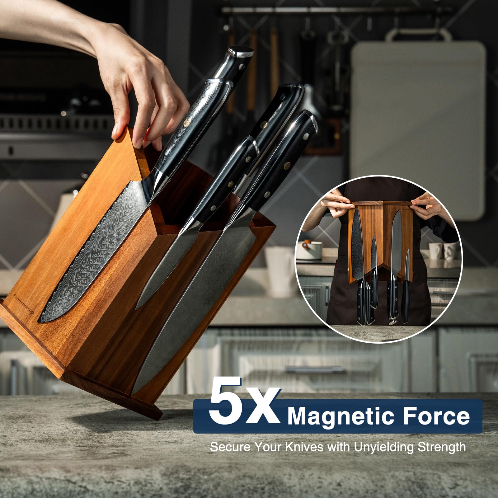 Gourmetop center cavity holding spatulas and whisks for combined knife and utensil storage
