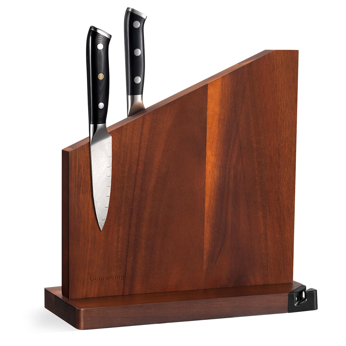 Gourmetop front view dark acacia block showing elegant countertop organization
