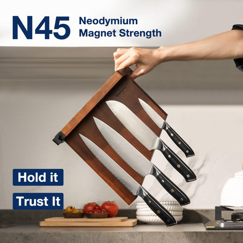 Gourmetop magnet close-up highlighting N45 strength for secure knife hold