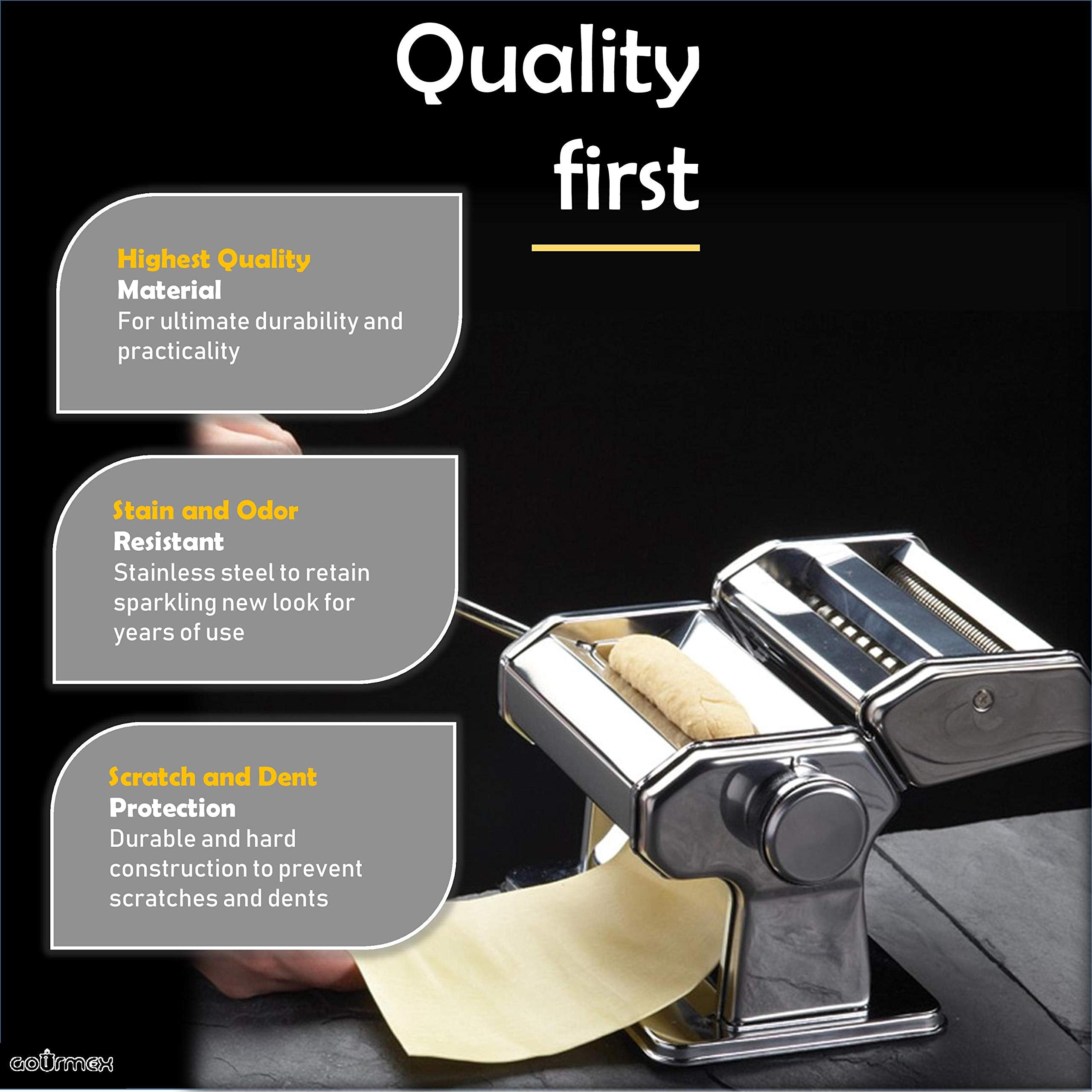 GOURMEX cutter heads detail showing dual cutters for spaghetti and fettuccine for clean noodle cuts