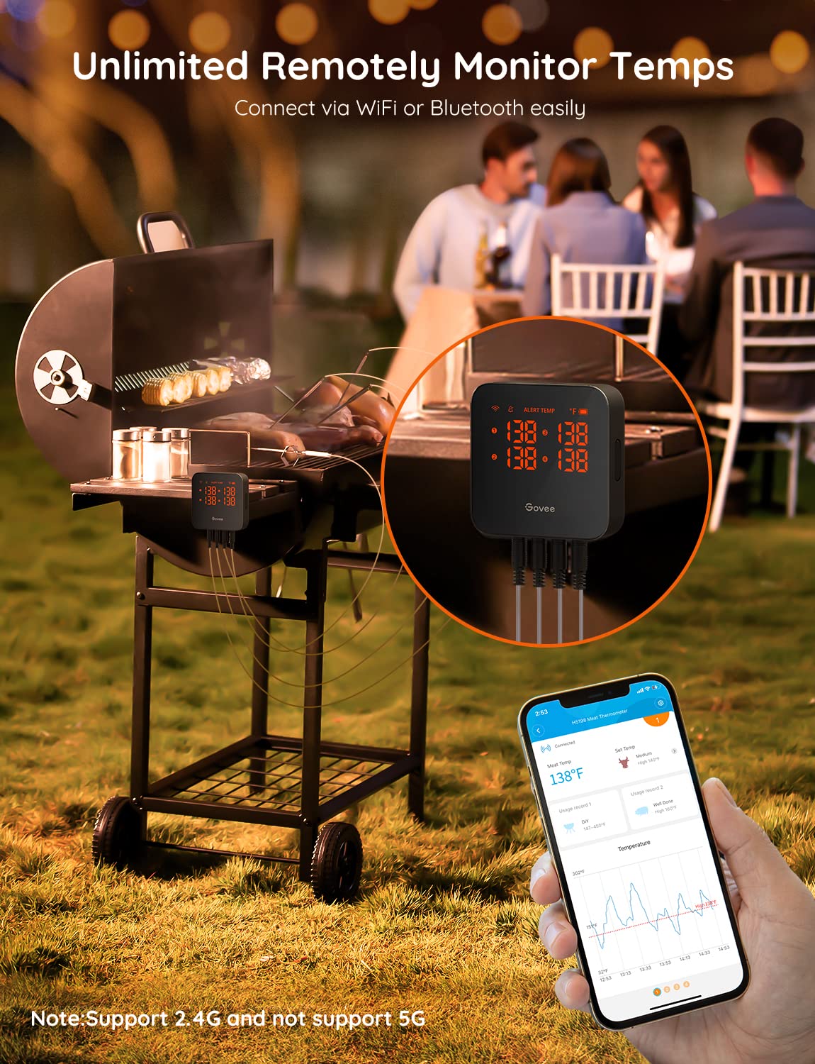 Govee thermometer in use on a charcoal grill showing remote monitoring convenience