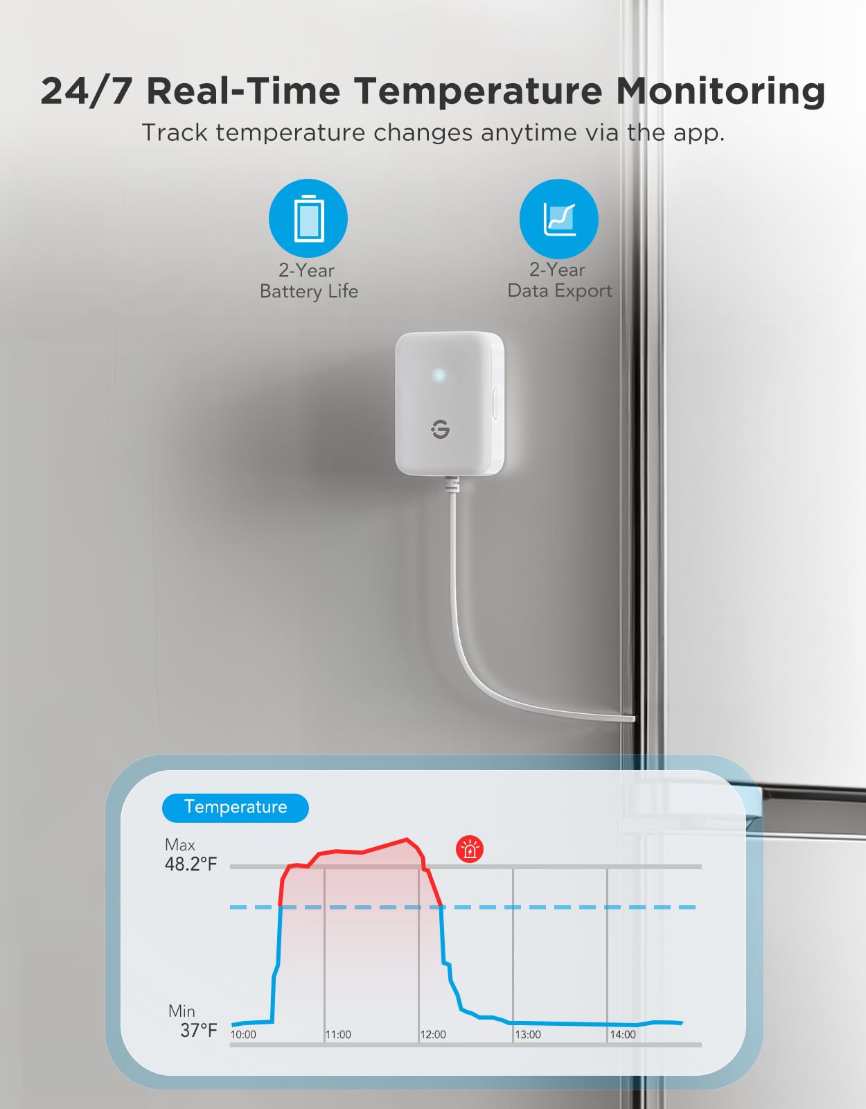 GoveeLife alarm button detail highlighting built-in 80dB buzzer for immediate audible alerts