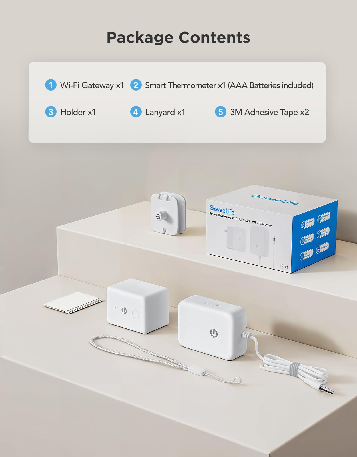 GoveeLife box with sensor, probe holder, and gateway contents