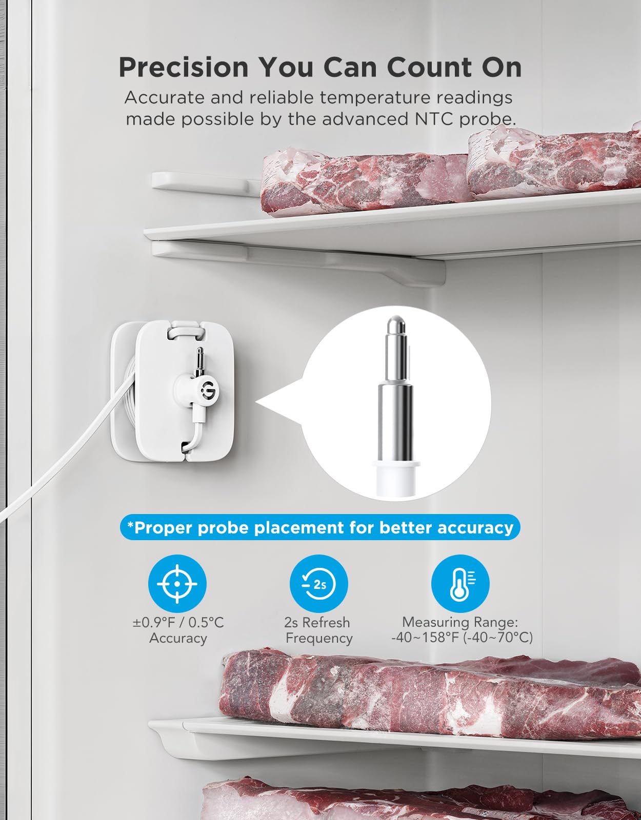 GoveeLife sensor mounted inside a refrigerator offering immediate local monitoring and alerts