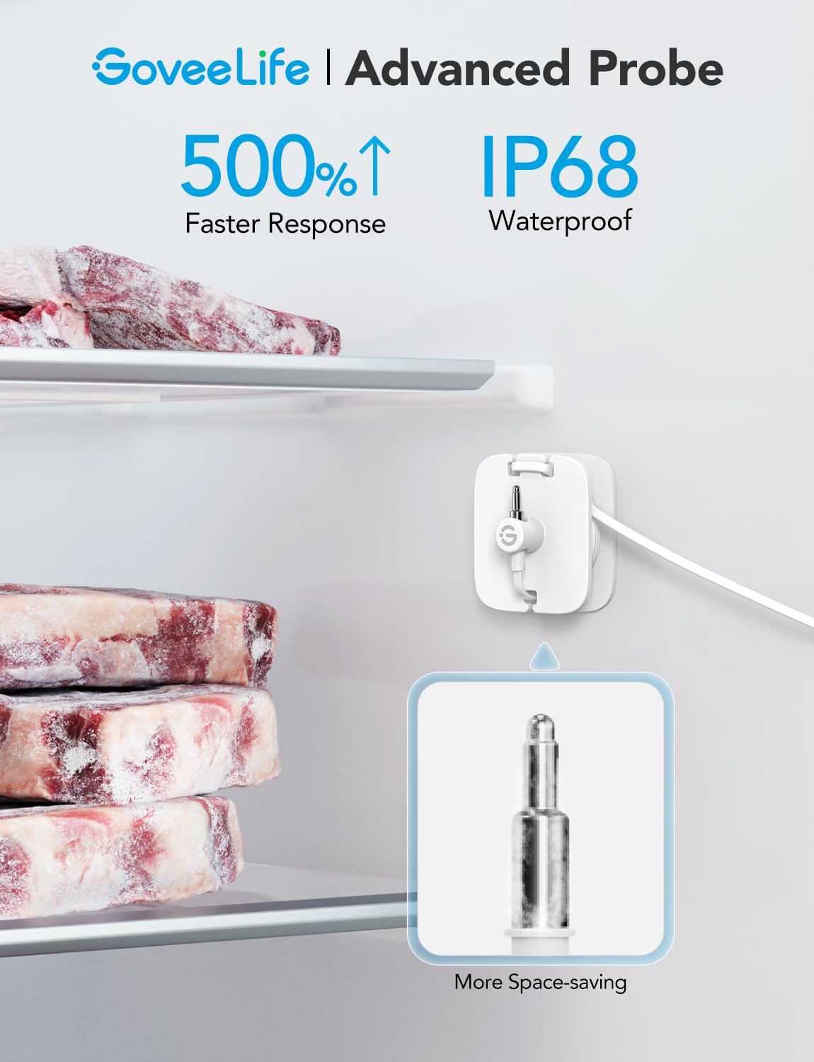 GoveeLife probe mounted inside a freezer showing in-compartment monitoring benefit