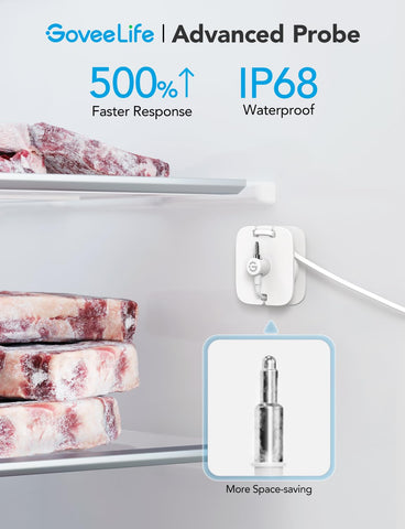 GoveeLife probe mounted inside a freezer showing in-compartment monitoring benefit