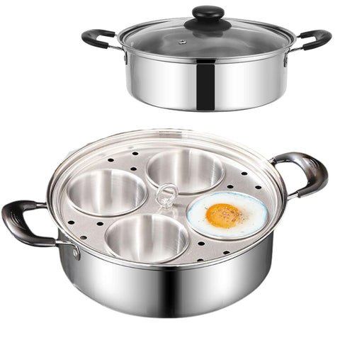 GOVNPJ front view of four-cup stainless steel poacher showing lid benefit