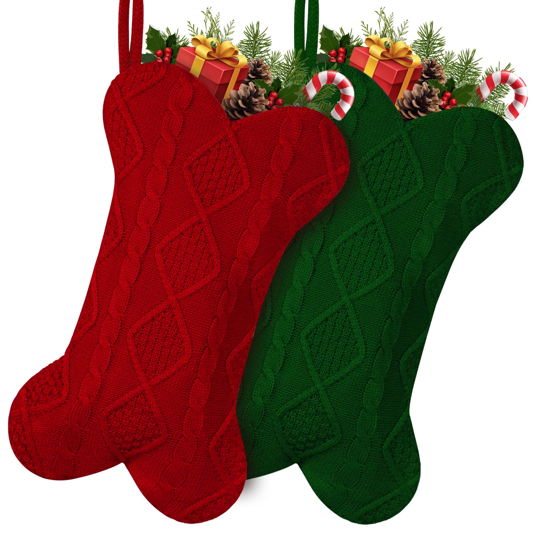 GOYOSWA red and green bone-shaped stockings front view, festive display benefit