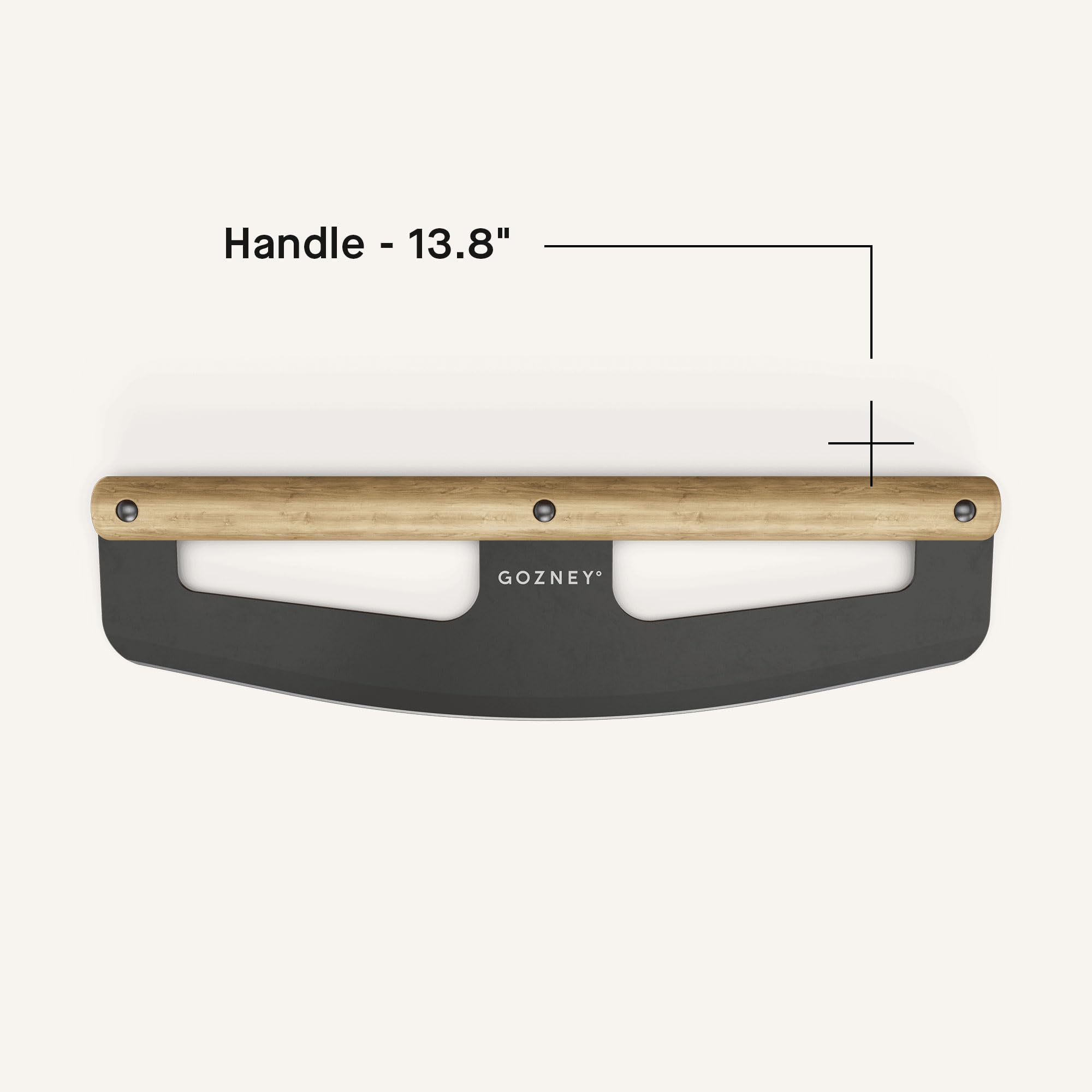 Gozney rocker next to ruler showing 13 3/4 inch blade length benefit