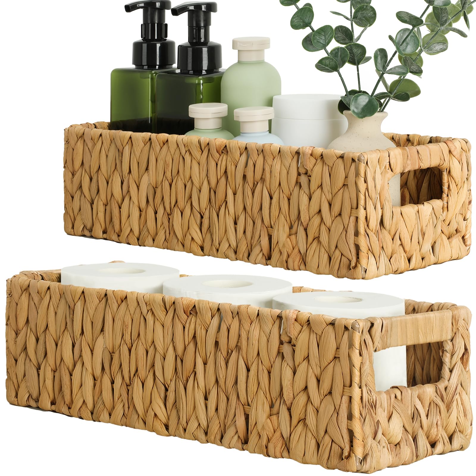 Graciadeco front view of wicker basket showing farmhouse styling and compact storage benefit
