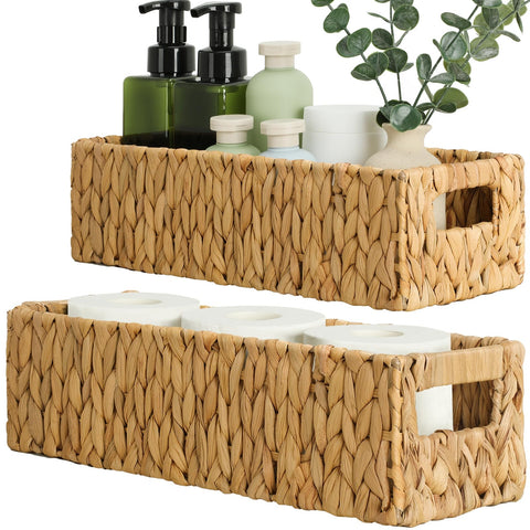 Graciadeco front view of wicker basket showing farmhouse styling and compact storage benefit