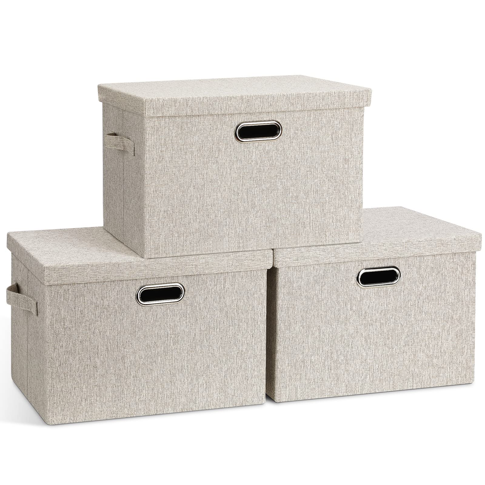 Graciadeco three-pack front view showing neat beige linen bins and lids for tidy storage