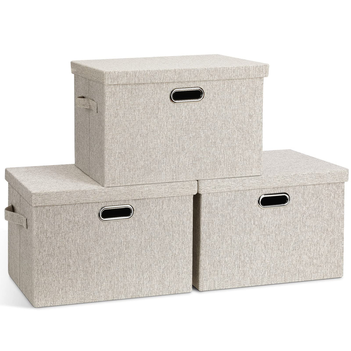 Graciadeco three-pack front view showing neat beige linen bins and lids for tidy storage