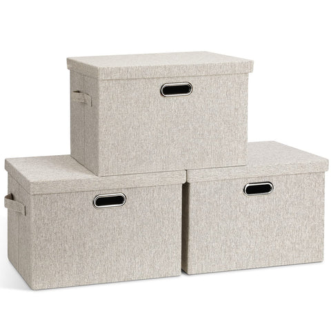 Graciadeco three-pack front view showing neat beige linen bins and lids for tidy storage
